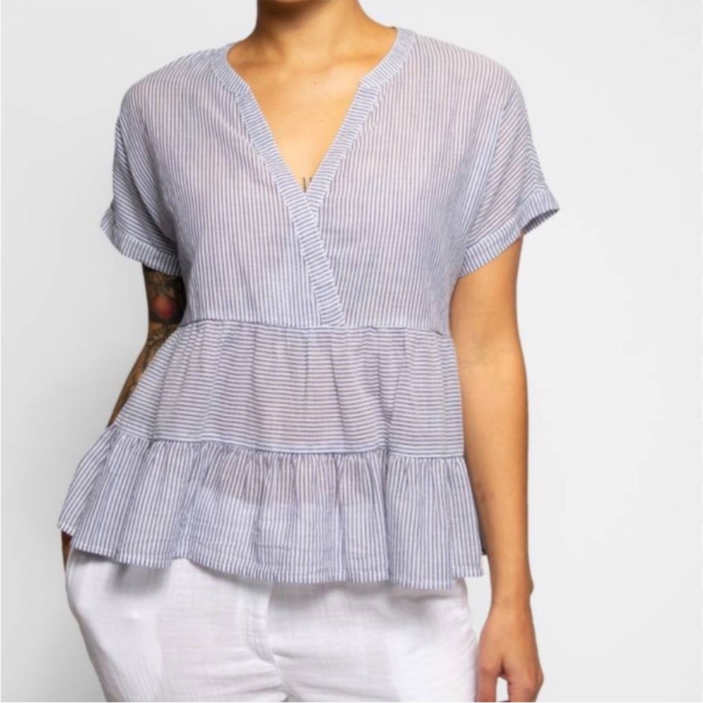 Xirena Tiered Babydoll Preppy Coastal Striped Cotton Poppy Blouse Size XS